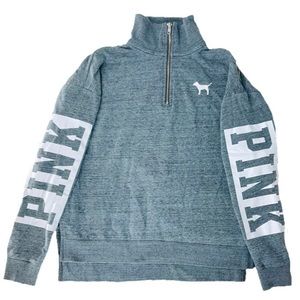 PINK VICTORIA’S SECRET — QUARTER ZIP SWEATSHIRT, CREWNECK, BLUE GREY/WHITE, XS